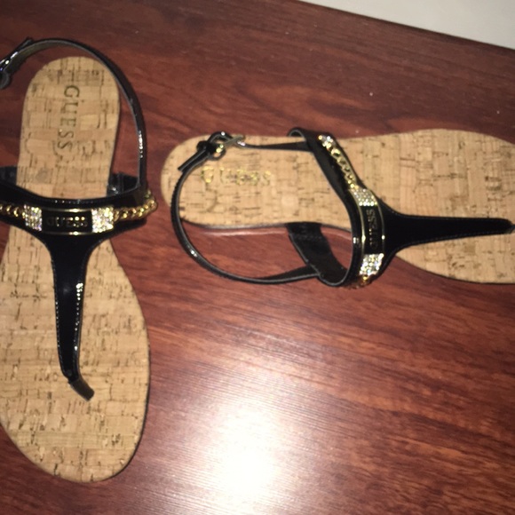 Guess Black Patent Gold Plate Cork Sandals - Picture 2 of 4